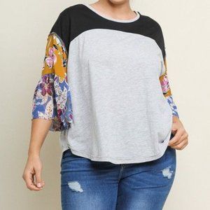 UMGEE-Gray Top With Floral Printed Bell Sleeves